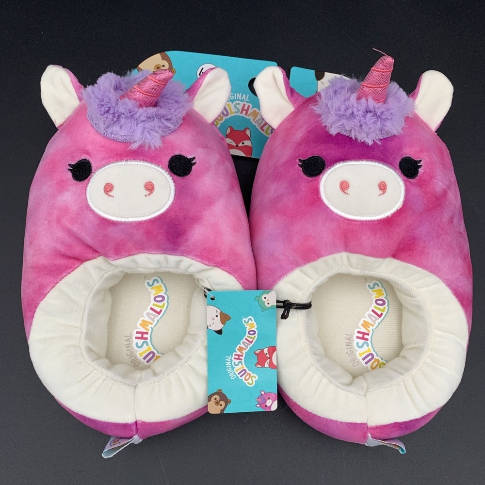 Squishmallows‎ Lola the Unicorn Pink Tie Dye Plush Slippers Girls Size L 4-5 NWT